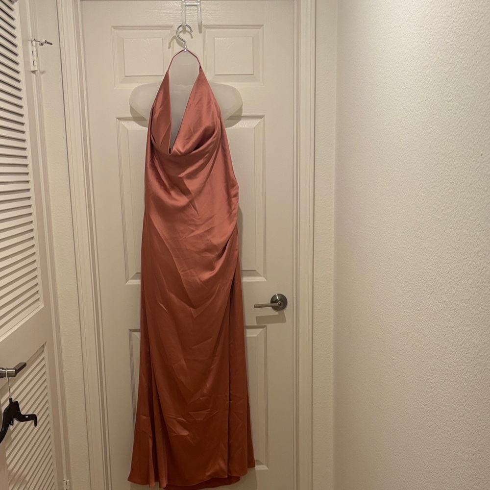 Halston Heritage Rust Satin Backless Halter Gown